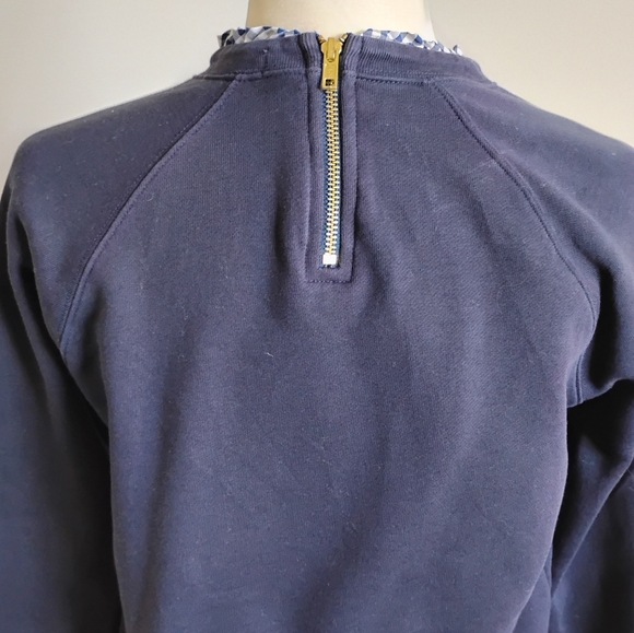 J.Crew Cotton Sweatshirt Micro Ruffle Neck Classic Navy Blue Gingham Size Small - Picture 9 of 13